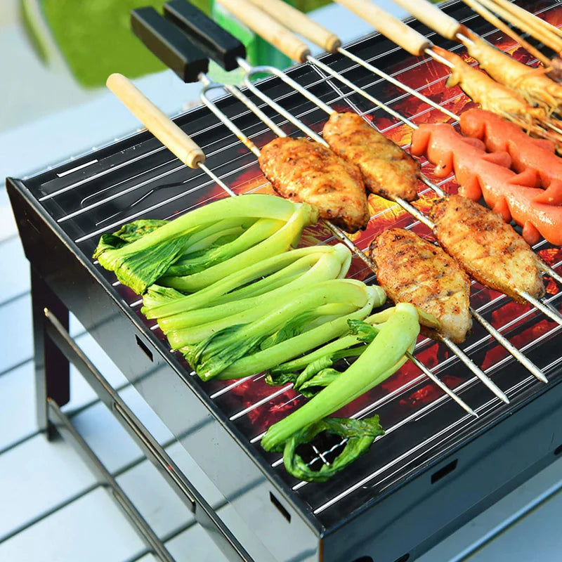 Complete BBQ Accessories 1 Piece Portable Grill 1 Piece Oil Spray Bottle 1 Piece Oil Bottle with Brush 1 Piece BBQ Clip Folder Grill (Pack of 6) Barbecue Skewers Stainless Steel Sticks