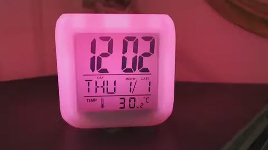 7 COLOUR CHANGE LED GLOWING DIGITAL ALARM CLOCK, Digital Table Clock 7 Color Changing Led Lights Big Size Big size Digital Screen Temperature & Calendar & Battery Operated Glowing LED Table Alarm Clock